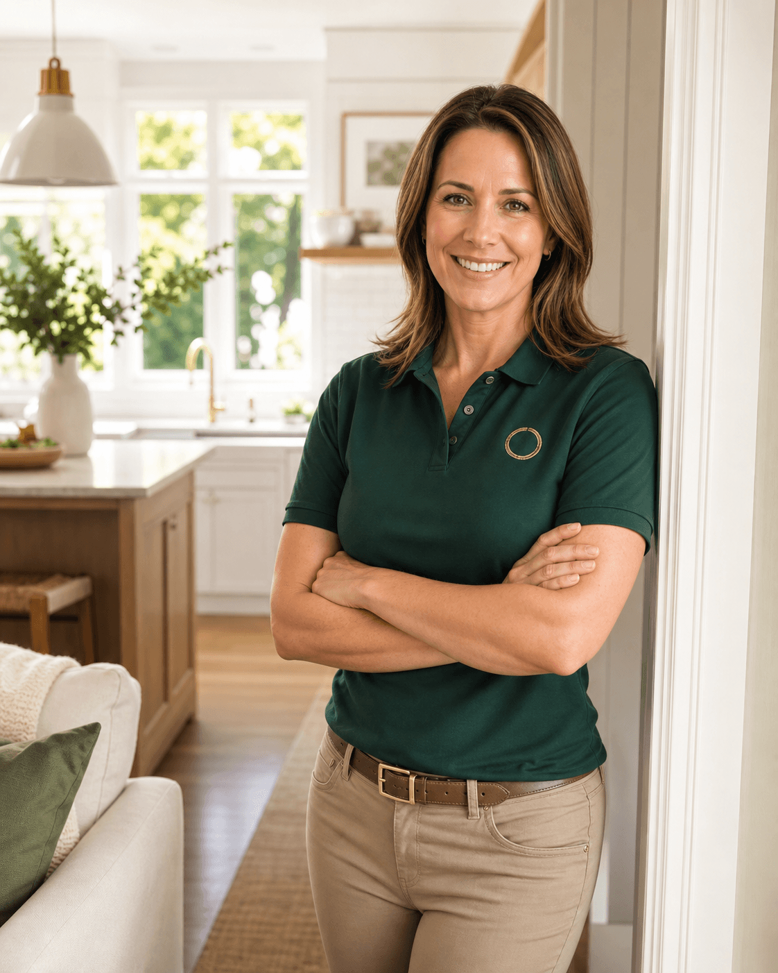 Owner of a local home-service business in a bright residential kitchen